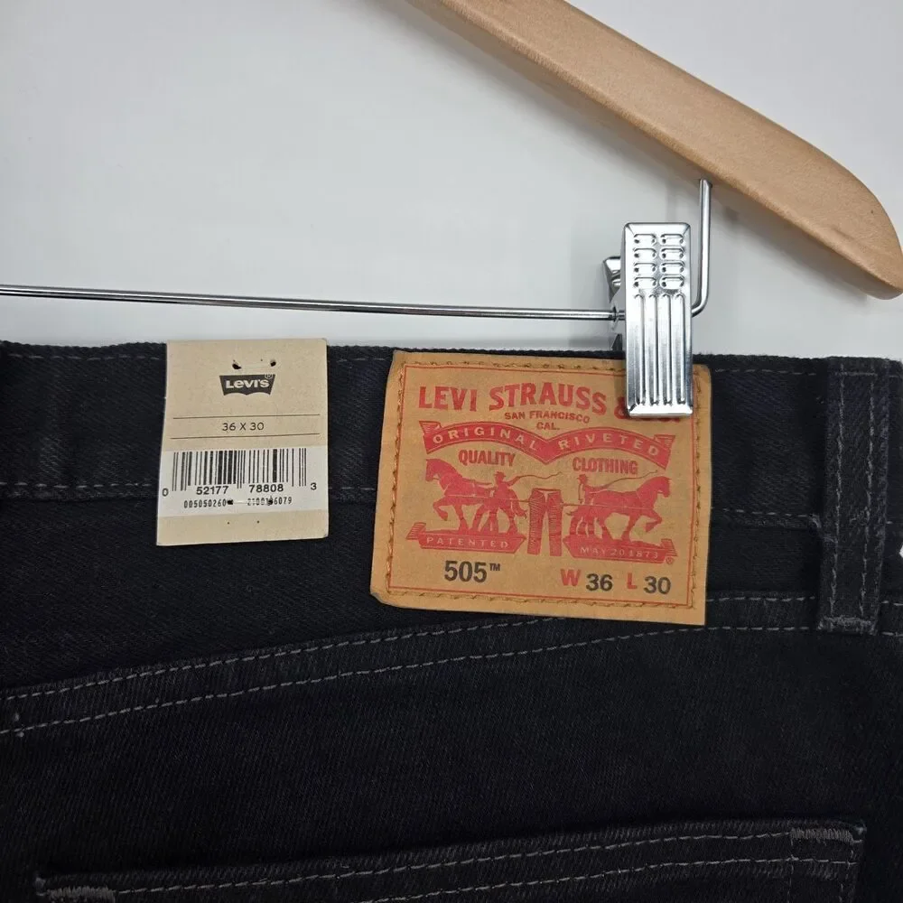 NWT Levis 505 Denim Jeans Mens 36x30 Regular Fit Straight Leg Black 100%‎ Cotton